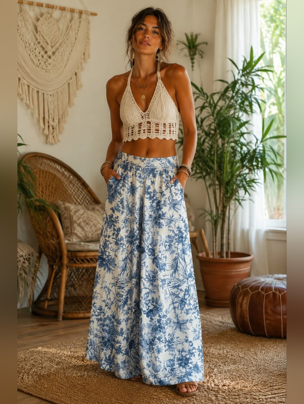 En Creme Floral Wide-Leg Pants in Blue and White New Size M Rayon